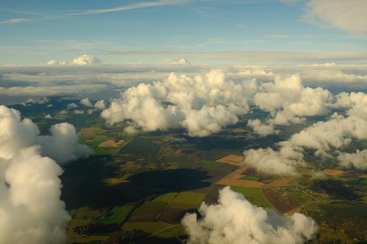 Fluffy, white clouds above green and yellow fields