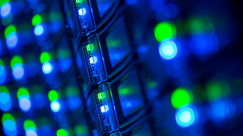 Blue and green lights arranged in columns on a computer system