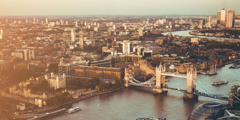 Aerial view of Tower Bridge in central London, with the River Thames running underneath