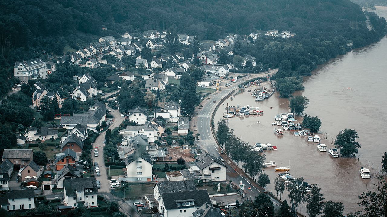 Aerial view of a flooded town in Germany
