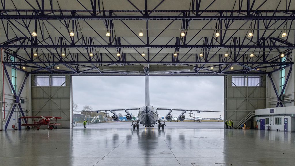 Research aircraft leaves large hangar