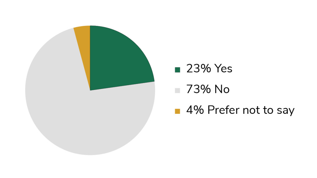 Pie chart showing 23% of respondents said they had a religion or belief, 73% said no, 4% prefer not to say.