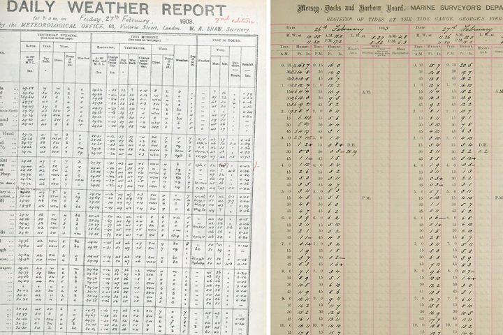 Columns and rows of historical hand written weather data on cream and light brown pieces of paper