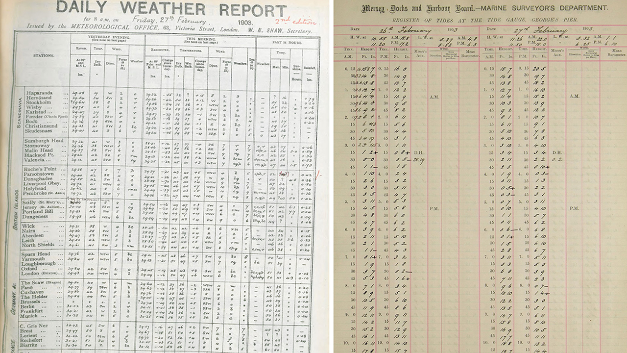 Columns and rows of historical hand written weather data on cream and light brown pieces of paper