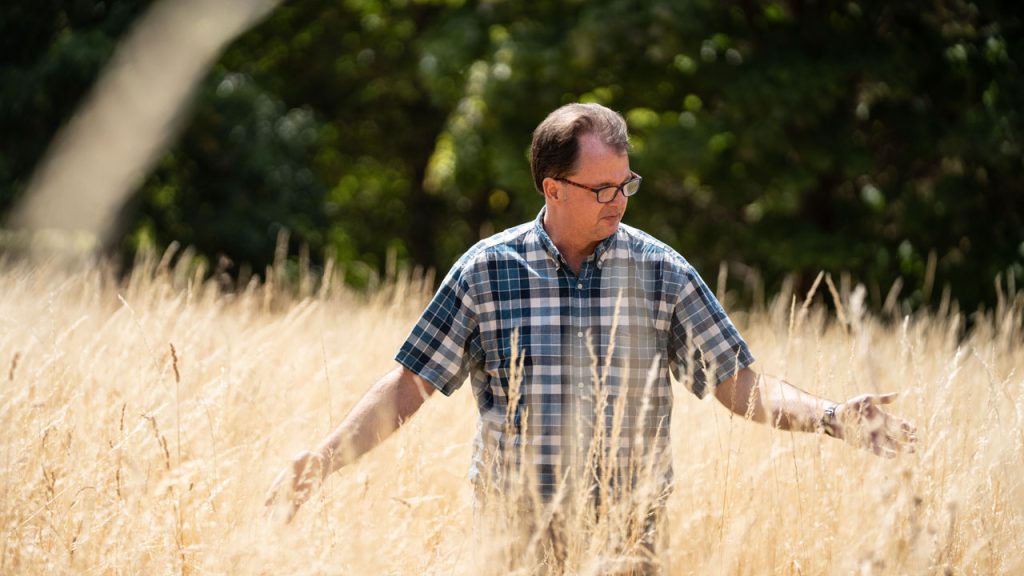 Person wearing glasses and a blue check shirt stands in a field of dry, long grass. They look down at the grass surrounding them.