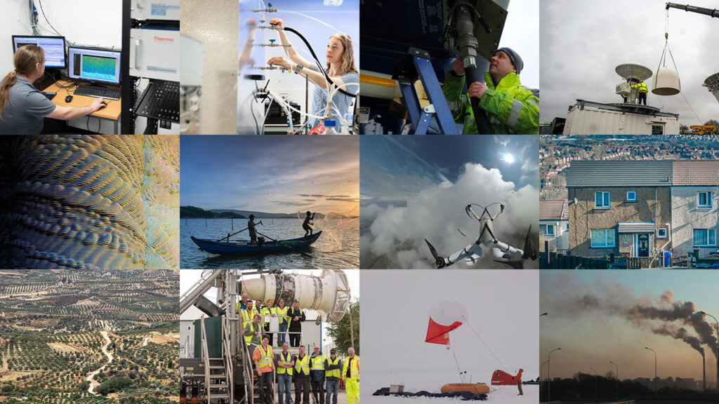 12 different images depicting a person working at a desk, a person working in a lab, a person working on an aircraft, a radar, ceramic art, a boat, a drone, some houses, dry crop fields, a team of people next to an aircraft engine, a person stood under a Helekite balloon and emissions from chimneys.