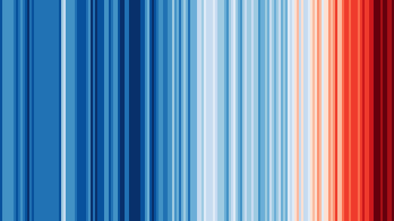 Blue and red vertical stripes, which depict temperature change from 1850 to 2023 - known as the Warming Stripes.
