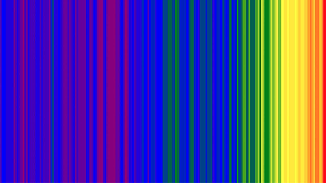 Vertical rainbow coloured stripes that show global average temperature change over the last 150 years. Blue and purple stripes on the left hand side show cooler years, and green, yellow, orange, red stripes to the right show warmer years.