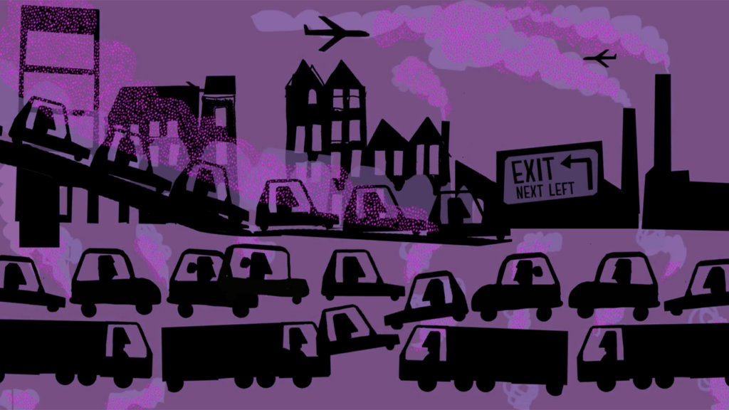 A purple and black illustration of cars and buildings and air pollution in a city.