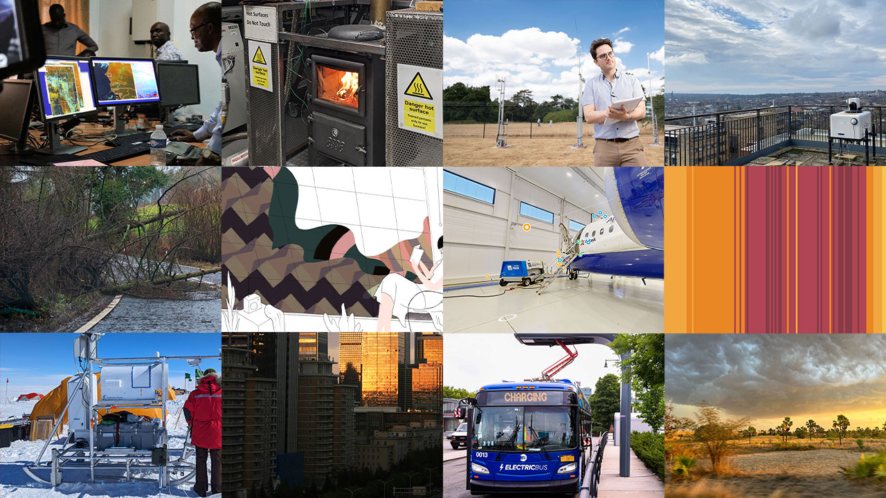 A 4x10 grid of images. Image one shows a person looking at a computer screen. Image two shows a wood burning stove inside a laboratory. Image three shows a person stood outside holding a notebook. Image four shows a doppler lidar on a rooftop. Image five shows a tree fallen in a road. Image six shows an animation of a woman sat reading by a window. Image seven shows a research aircraft inside a hangar. Image eight shows red and orange vertical stripes. Image nine shows a person wearing a red winter coat stood on ice sheet in front of scientific instrument. Image ten shows a cityscape at sunrise. Image eleven shows an electric bus charging. Image twelve shows a sunrise with dark grey clouds, sandy brown grass, trees and bushes.